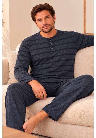 Nisanca Büyük Beden Premium Soft Erkek Pijama Takımı Yumuşacık Dokulu Uzun Kollu Düğmeli Yaka Çizgili Kışlık Pijama Lacivert