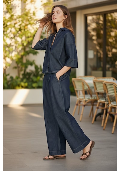 Stilkusagi Kadın Truvakar Kol Denim Gömlek Pileli Jean Pantolon İkili Takım Lacivert
