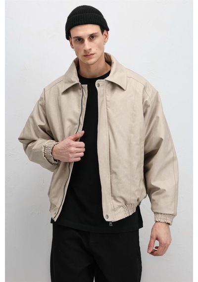 Vamos Oversize Deri Bomber Ceket Taş