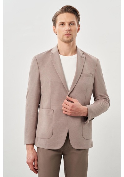 İmza Koyu Vizon Kazayağı Desen Örme Mono Yaka 2 Düğme 6 Drop Slim Fit Classic Ceket 1002245166 405 Koyu Vizon