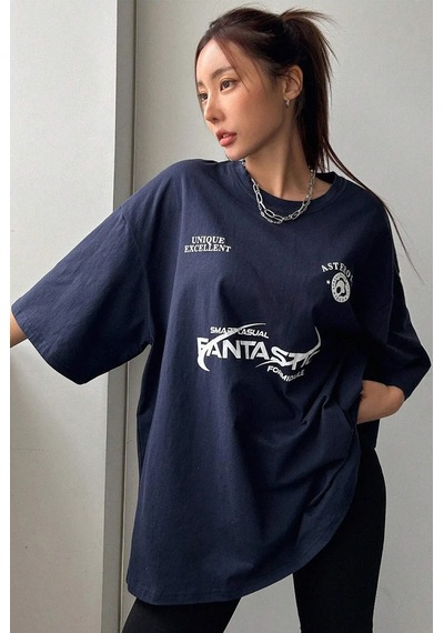 Fantastic Baskılı Unisex Oversize Tshirt Lacivert