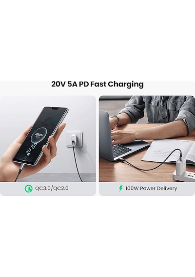 Ugreen Usb-c To Usb-c 100w 5a Qc Pd Örgülü Hızlı Şarj Kablosu 3 M Siyah