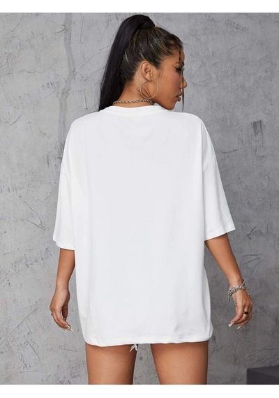Flood Of Style Kadın Beyaz Best Friend Baskılı Oversize Tshirt