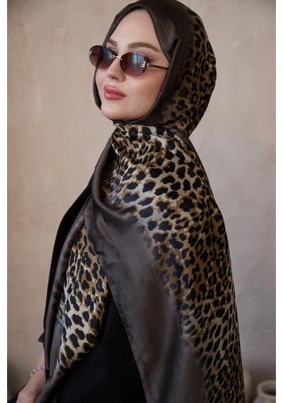 Miorel Scarfs Leopar Desen Vual İpek Şal Fular Silk Scarfs Shawl Hijab Kahve Kenar