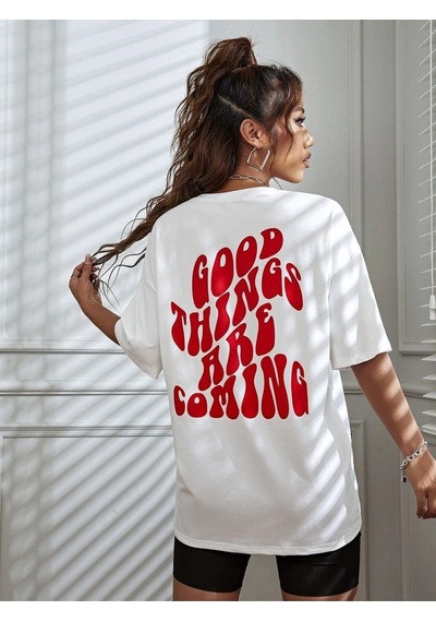 Good Things T-shirt - Beyaz Baskılı Oversize Bisiklet Yaka Kısa Kol Tişört Beyaz