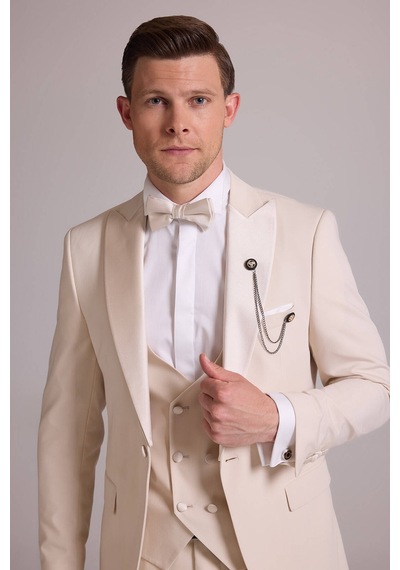 Ysf Erkek Krem Slim Fit Kırlangıç Yaka Yelekli Damatlık