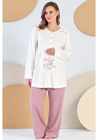 Feyza 3 Lü %100 Pamuk Uzun Kol 5408 Hamile Lohusa Pijama Takımı Pudra
