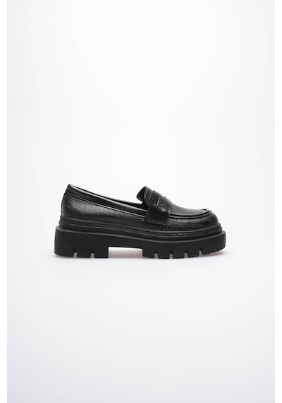 Kadın Deri Loafer Oxford Krokodil Desenli Kalın Comfort Tabanlı Siyah Carmin Siyah