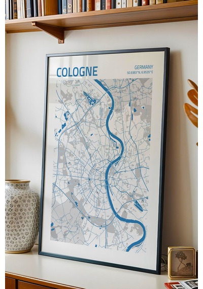 Köln Almanya Cologne - Germany Haritası Çerçeveli Tablo Lüks Salon Ofis Duvar Dekorasyonu Tablo