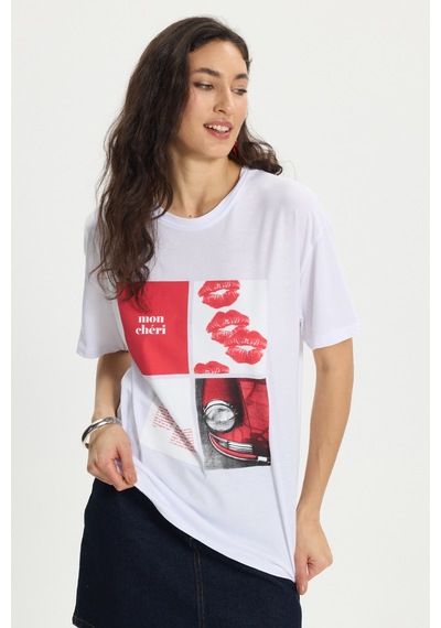 Tudors Kadın Oversize Geniş Kesim %100 Pamuk Bisiklet Yaka Kısa Kollu Baskılı Beyaz Tişört-50384