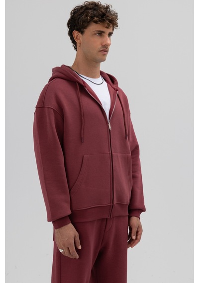 Vamos Basic Fermuarlı Oversize Kapüşonlu Sweatshirt Bordo