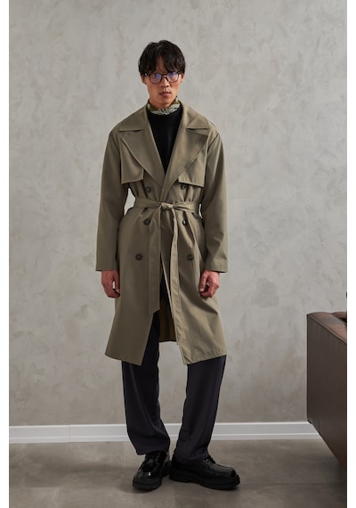 Erkek Kruvaze Yaka Oversize Trençkot Haki