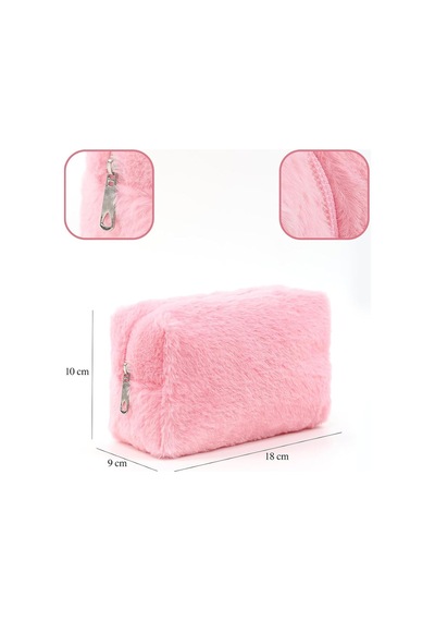 Pembe Shk244 Peluş Kumaş Fermuarlı Tek Bölmeli Seyahat Ve Makyaj Çantası,pembe