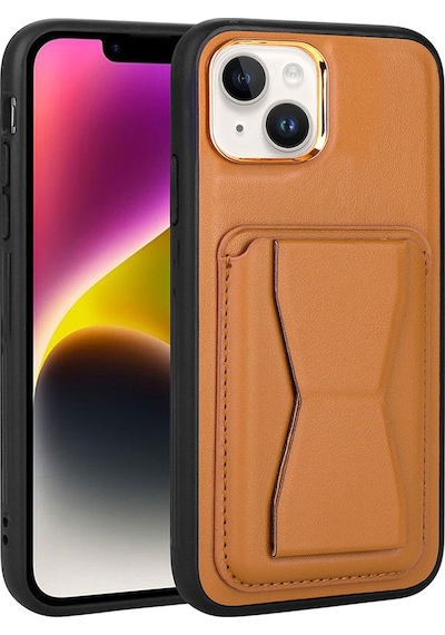 Kilifone - Apple Uyumlu iPhone 14 Plus - Kılıf Kart Bölmeli El Tutacaklı Stand Olan Pu Deri Memo Kapak - Kahve Açık