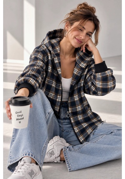 Bb Butik Basic Kapüşonlu Fermuarlı Oversize Ekose Oduncu Gömlek Ceket Kadın Rahat Mevsimlik Günlük Tr0935 Lacivert