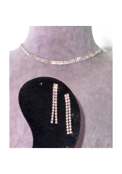 Kırmızı Sanat Evi Full Taşlı İki Sıra Parlak Choker Kolye ve Küpe Seti Gümüş