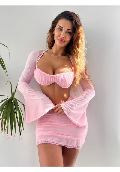 Pink Life Pembe Tül Detaylı Büzgülü Etekli İkili Takım Pembe