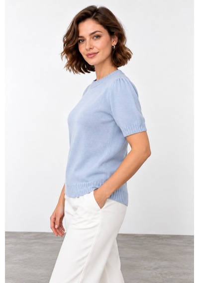 Bihan Store Kadın Simli Sıfır Yaka Kısa Kol Triko Bluz W27-31626 - Mavi