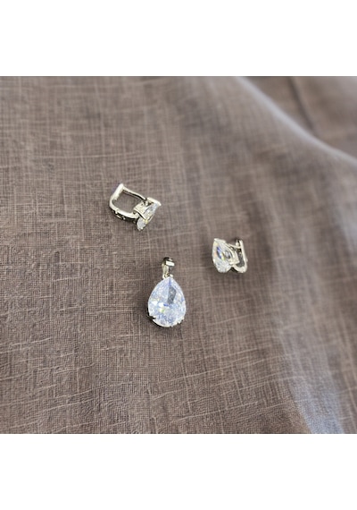Zirkon Damla Model 925 Ayar 1. Kalite İthal Kadın Gümüş Küpe Ve Kolye Ucu Set-9094594187699