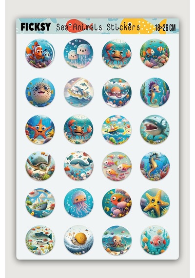 Sevimli Deniz Canlıları Sticker Seti - 24 Adet Balık, Yengeç, Ahtapot Yuvarlak Etiket Çıkartma Diğer