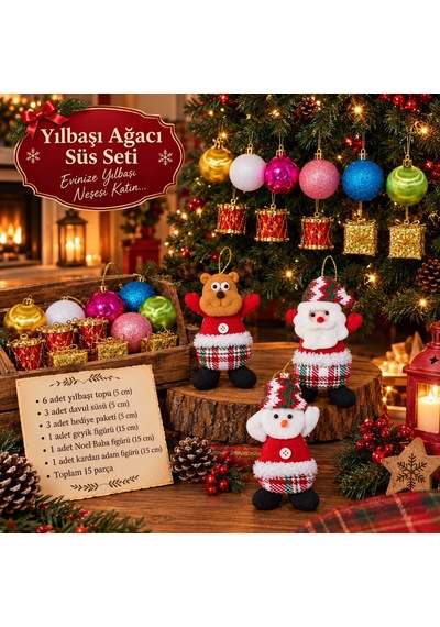 Yeni Yıla Özel 15 Parça Yılbaşı Ağacı Süs Seti 3'lü Noel Peluş Ve Yılbaşı Aksesuarları Süsleme Seti Diğer