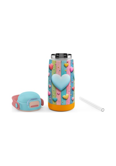 Puccon 420 Ml Turkuaz Pembe Kız Çocuk Kalp Desenli Çelik Matara - 60012