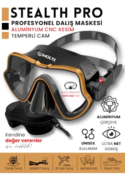 Molys Stealth Pro Alüminyum Dalış Maskesi + Antı Fog Buğu Önleyici Film + Eva Koruyucu Taşıma Kutusu Siyah - Turuncu
