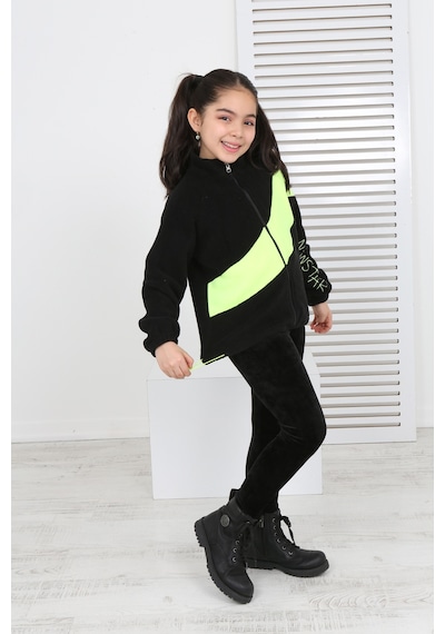 Toontoy Kız Çocuk Dik Yaka Fermuarlı Renk Bloklu Reglan Kol Polar Hırka - Beli Ayarlanabilir Lastikli Siyah Toontoy Kız Çocuk Dik Yaka Fermuarlı Renk Bloklu Reglan Kol Polar Hırka - Beli Ayarlanabilir Lastikli Siyah