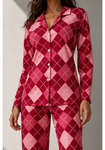 Kadın Uzun Kol Pamuklu Kırmızı Pijama Takımı
