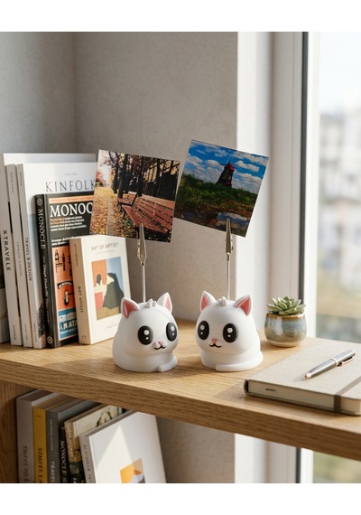 Kedi Notluk & Fotoğraf Tutucu Dekoratif Masa Düzenleyici Beyaz