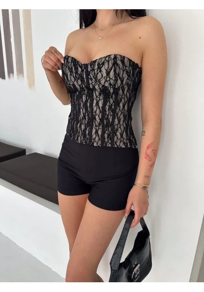 Etiler Collection Fermuarlı Dantel Korse Straplez Bustiyer Transparan Şık Top - Bej