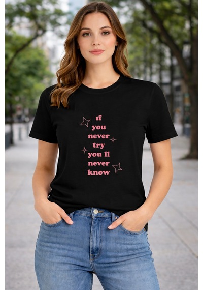 Herkesemoda İf You Never Baskı Detaylı Basic T-shırt Siyah