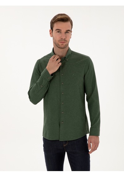 Cacharel Yeşil Slim Fit Pamuk Karışımlı Yakası Düğmeli Flanel Gömlek