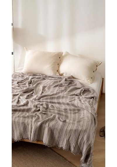 Boho Çizgili Yatak Örtüsü 4 Katlı Müslin%100 Pamuk Yumuşak Lüks Yazlık Pike Çift Kişilik Battal Boy 240x260 C Diğer