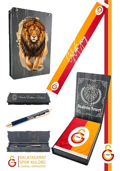 Galatasaray Lisanslı Çift Yön Baskılı Şal Kaşkol Atkı Ve Hybrit Tükenmez Kalem Set Aslan Baskılı Ahşap Kutulu Sarı + Kırmızı.