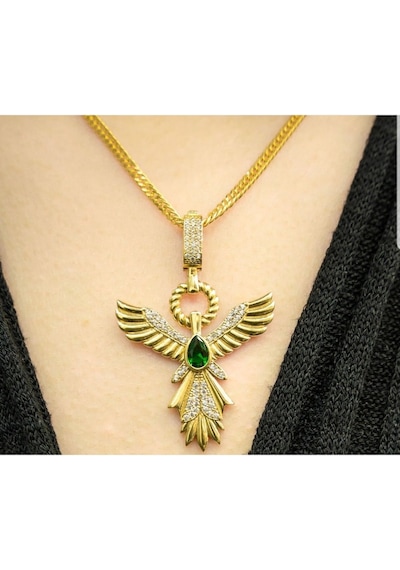 Zümrüdü Anka Kuşu Altın Tasarım 925 Gümüş Işıklı Kutuda Kolye Çağla Kolye Serenay Choker Chain