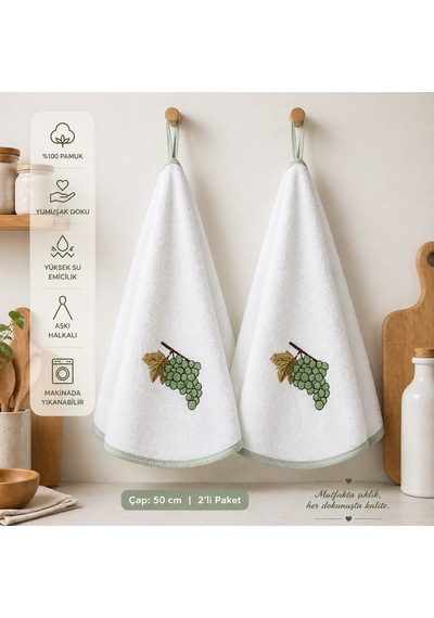 %100 Pamuk Yuvarlak Mutfak Havlusu 50 Cm 2 Li Set Yüksek Emicilik, Askı Halkalı, Nakışlı, Makinede Yıkanabilir Kurulama Bezi Beyaz