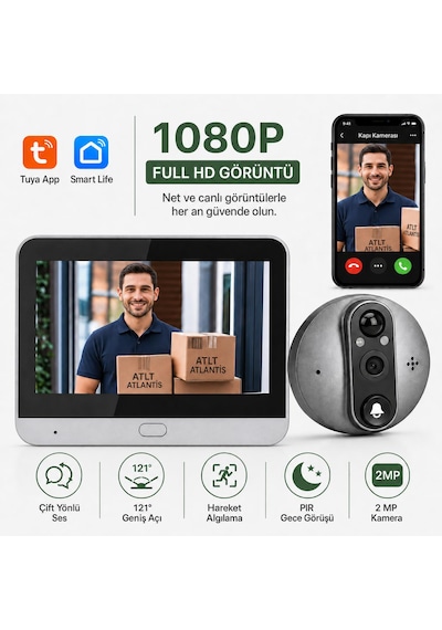 Cmr101 Kapı Zilli Kameramı Ekranlı Güvenlik Kamerası 1080p 2mp Full Hd Görüntü 4.3 İnç Ekran Wifi Akıllı Kapı Kamerası 4.3" Ekran 1080p Hd Görüntülü Kapı Dürbünü Pır Sensörlü