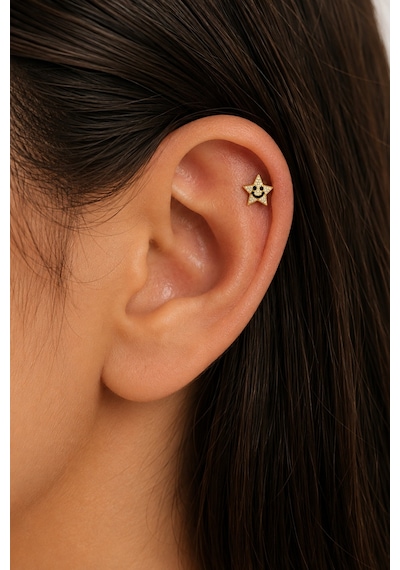 Sertifikalı 316l Çelik Gülen Yüzlü Taşlı Yıldız Figürlü Premium Altın Kaplama Tragus Ve Helix Pierci