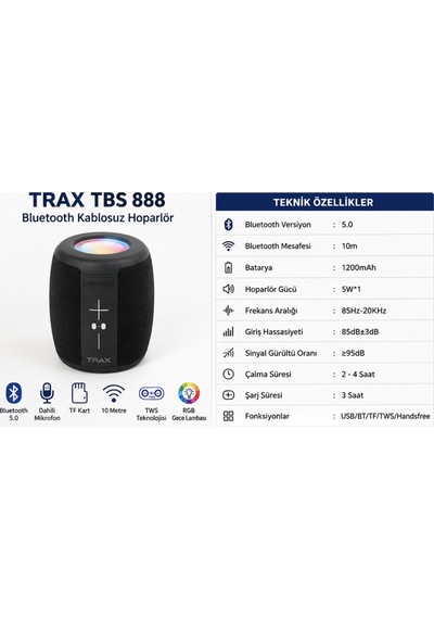 Trax Tbs 888 Bluetooth Hoparlör Rgb Işıklı Tf Kart Destekli Kablosuz Speaker