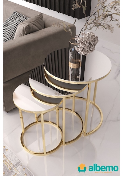 Usta Mekan Gold Metal Gümüş Düz Aynalı 3lü Zigon Sehpa Gold - Gümüş