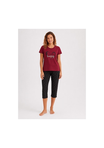 Pijamask Kadın Bordo Baskılı Kısa Kollu Kapri Pijama Takımı Rahat Kalıp Ev Giyim P14-78 Kırmızı
