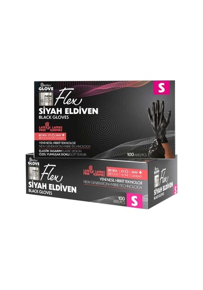 Flex Tpe Siyah Eldiven 100 Adet Small - Tek Kullanımlık Hijyen Eldiveni 8'li Avantaj Paketi - 8 Tarı