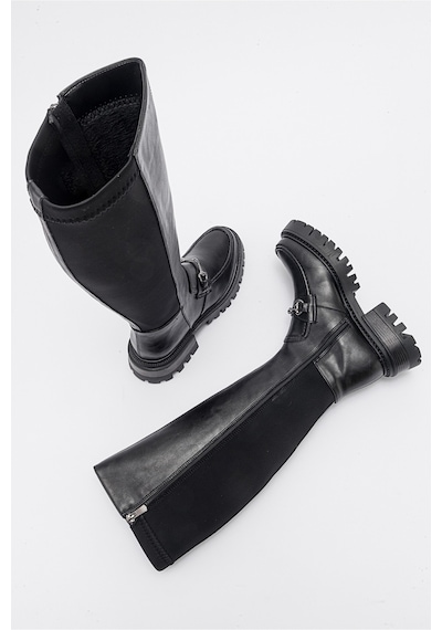Luvishoes Chapel Siyah Cilt Tokalı Streç Detaylı Kadın Çizme Siyah