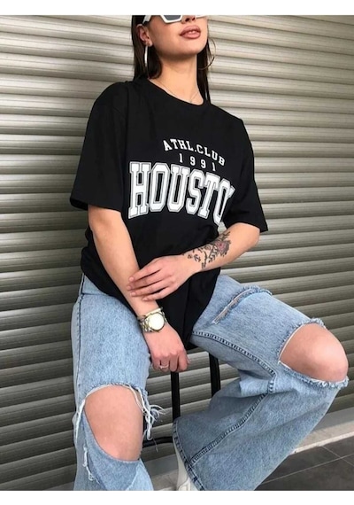Kozia Outdoors Malkoçbey Houston Baskılı Oversize Unisex Basic T-şihirt Siyah SIYAH