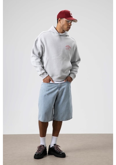 Vamos Oversize Yıkamalı Boxy Fit Kapüşonlu Sweatshirt Açık Gri
