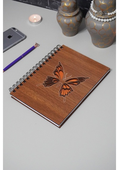 Kelebek Desenli Ahşap Defter - Ajanda - Günlük - Çizgisiz Defter Ahşap Rengi Ceviz A5 Notebook