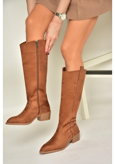 Fox Shoes T480142802 Taba Süet Alçak Topuklu Kadın Çizme Taba
