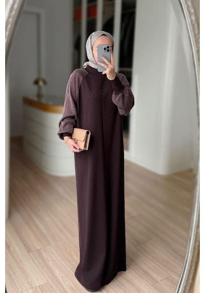 Kahijab Kendinden Desenli Yarım Balıkçı Merserize Elbise - Kahverengi
