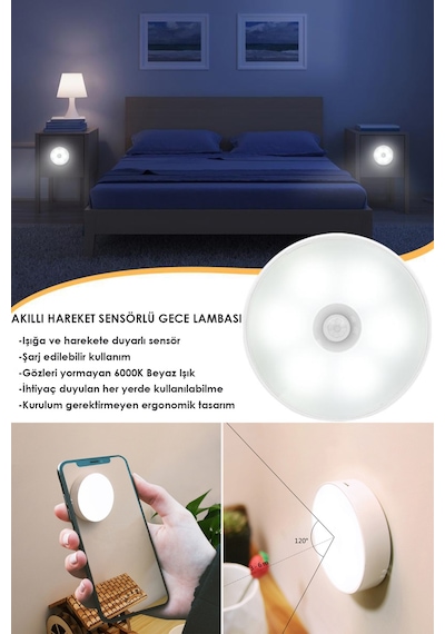 Technojet 3 Adet Akıllı Hareket Sensörlü USB Şarjlı Kablosuz Spot
